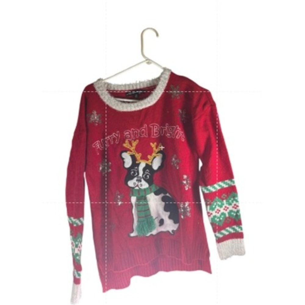 Red Furry and Bright Frenchie Dog Christmas Sweater M‎